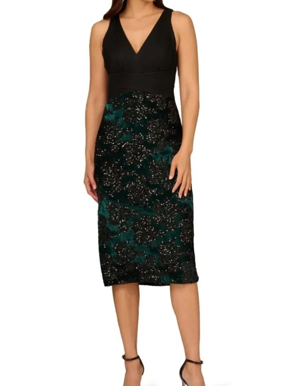 Aidan Mattox Black Green Sequin Velvet Sleeveless Cocktail Dress